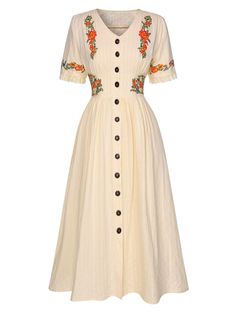 [Pre-Sale] Pure Cotton Beige 1940s V-Neck Floral Dress A Line Button Down Dress, Cotton Modern Dresses, Casual Elegant Dresses Summer, Christmas Retro Dress, Button Down Dress Fall, 1940 Dress Pattern, Pretty Work Dresses, 1910s Dress Casual, 1940s Fashion Modern