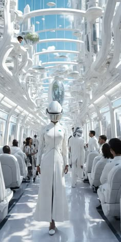 a woman in a white dress and hat walking down a hallway filled with lots of people