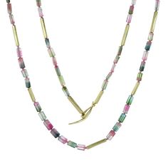 Annette Ferdinandsen Watermelon Tourmaline Reed Necklace | Quadrum Gal - Quadrum Gallery Shaped Watermelon, Hudson Valley Ny, 14k Yellow Gold Necklace, Yellow Gold Necklace, Tourmaline Beads, Tourmaline Crystal, Toggle Clasp, Hudson Valley