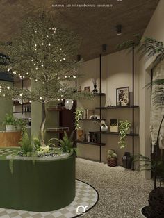 an indoor tree in the middle of a room with potted plants and lights hanging from the ceiling