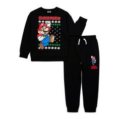 Race into action Super Mario style with this Holiday Graphic Print Sweatshirt and matching Joggers. This coordinating set brings Marios adventures from the screen to the cozy comforts of home. The crewneck sweatshirt and joggers boast a vibrant Mario Bros-inspired design, so his favorite video game character is always close by. Whether hes unwrapping presents or settling in for a gaming marathon, this set is his go-to choice for holiday relaxation. The perfect gift for your gamer guy. Size: 4/5.  Color: Black.  Gender: male.  Age Group: kids. Boys Christmas Pajamas, Video Game Character, Graphic Print Sweatshirt, Joggers Set, Christmas Pajama Set, Hoodie And Sweatpants, Kids Clothes Boys, Front Bottoms, Boys Clothes