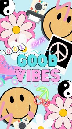 the words good vibes are surrounded by colorful flowers and peace signs on a blue background