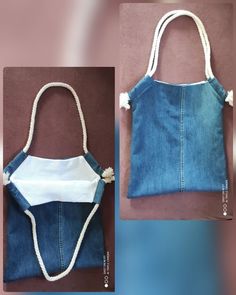 two pictures of a purse made out of jeans