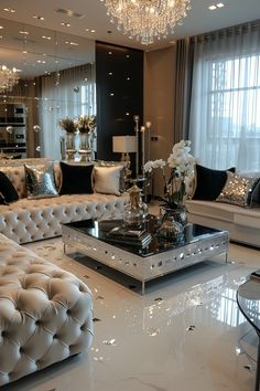 a living room filled with white furniture and lots of pillows on top of each other