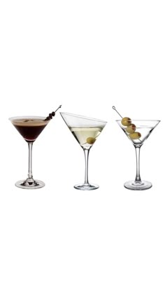 three martini glasses with olives in them on a white background, side by side