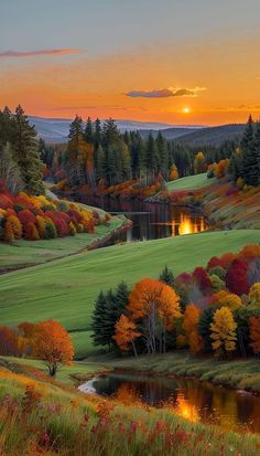 the sun is setting over an autumn landscape