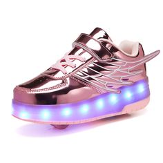 a pink shoe with blue lights on it