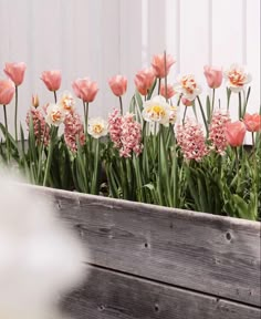 pink and white flowers in a wooden planter