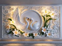 two white swans surrounded by flowers and greenery on a decorative paneled wall in a living room