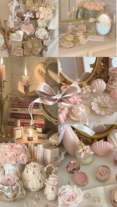 a collage of photos with pink flowers and other things on the table in front of them