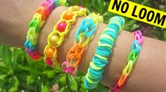 three different bracelets with the words no loom written on each wrist and an image of