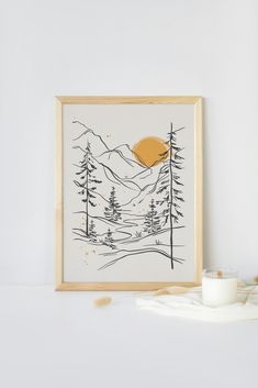 Mountain Line Drawing, Mountain Sketch, Minimalist Line Art, Mountain Scene, Landscape Drawings, Line Art Drawings, Style Moderne, Line Drawing, Floral Art