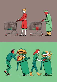 two pictures with people pushing carts full of food and one woman pushing a shopping cart