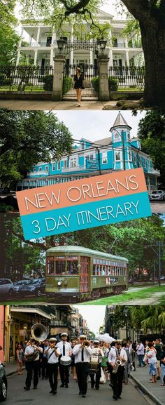 there are many different pictures of people walking in the street and one has a sign that says new orleans 3 day itinerary