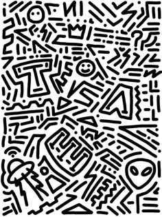 an abstract black and white drawing with letters, numbers, and symbols in the center