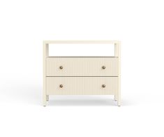 a white dresser with two drawers on one side and an open drawer on the other