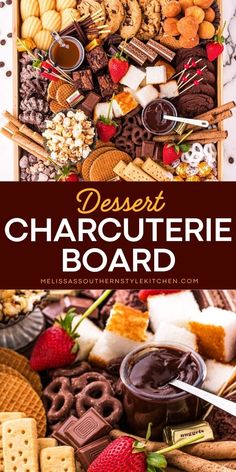 Indulge in this simple sweet treat! This dessert charcuterie board idea is the BEST. Everyone will have fun with this chocolate dessert board with hot fudge sauce, salted caramel sauce, fruit, and more! This dessert to make at home is also a simple appetizer recipe! Churros Charcuterie Board, Trays For Charcuterie Board, Dessert And Cheese Charcuterie Board, Chocolate Dessert Board Platter, Individual Dessert Charcuterie Box Ideas, Bridal Shower Dessert Charcuterie Board, Fun Snack Boards, Chocolate Hummus Charcuterie Board, Dessert Charcuterie Boards Ideas