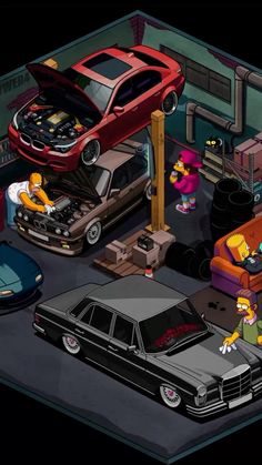 the simpsons characters are working on their cars