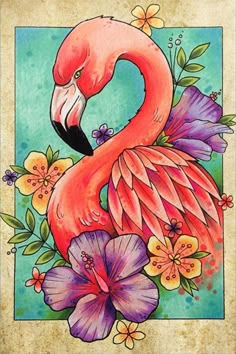 a painting of a flamingo with flowers on it