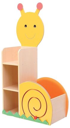 a wooden toy with a yellow snail on it's head and shelves in the shape of bookshelves