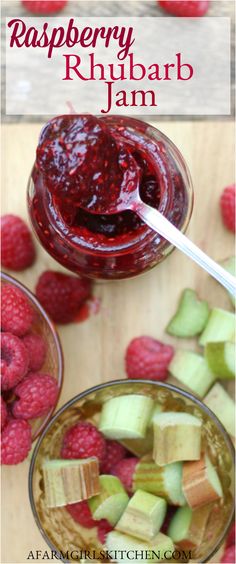 raspberry rhubar jam in a jar with fresh raspberries