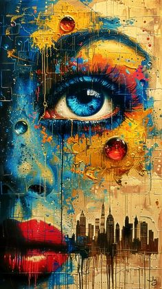 an artistic painting with blue eyes and yellow paint on the face is featured in front of a cityscape