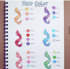 an open spiral notebook with hair colors on the pages and below it is a drawing of different types of hair