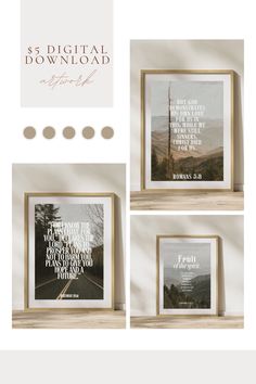 three framed pictures with the words, and an image of a road in the background