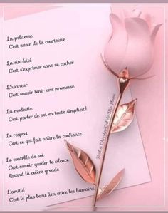 a pink rose sitting on top of a piece of paper next to a poem written in french