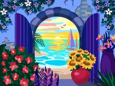 an open window with flowers, plants and boats in the water