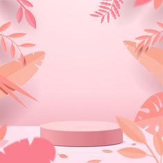 a pink background with leaves and a round object on the floor in front of it