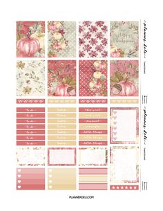 planner stickers with pumpkins, roses and leaves on them in various shades of pink