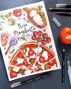 a pizza card with markers and pencils next to it