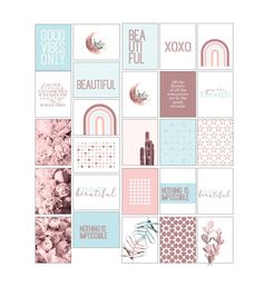 a collage of pink, blue and white cards