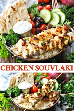 chicken skewers with greek salad and pita bread on the side are shown