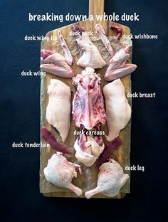 an overhead view of raw chicken on a cutting board with the words breaking down a whole duck