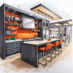 a drawing of a kitchen with an island and orange chairs in front of the counter