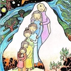 a drawing of a family standing in front of a tree with the sun above them