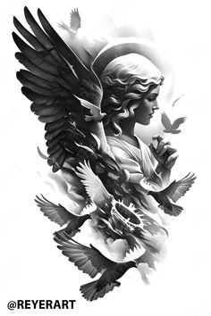 a black and white drawing of a woman with birds on her shoulder, in the background is