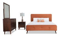 a bed, night stand and dresser are shown in this image with an orange upholstered headboard