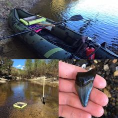 there are two pictures with different things in the same photo, one is a kayak and the other is a boat