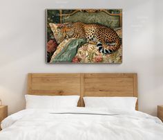 a painting on the wall above a bed