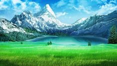 a painting of a mountain lake surrounded by green grass