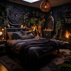 a bed room with a neatly made bed and lots of plants