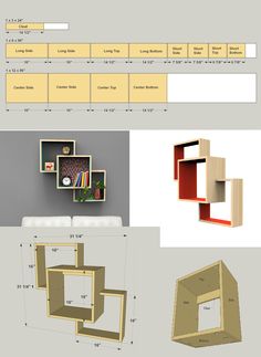 several different types of furniture are shown in this graphic style, including bookshelves and shelves