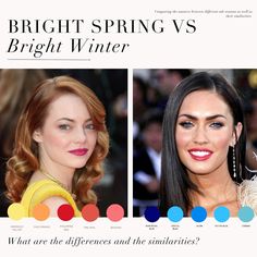 Bright Spring VS Bright Winter comparison 🖤 . #coloranalysis #colouranalysis #brightspring #brightwinter #winterpalette #springpalette #coloranalyst Bright Spring Hair Color, Bright Spring Outfits, Bright Spring Makeup, Bright Spring Color Palette, Season Analysis, Colour Season, Neutral Undertone, Color Seasons