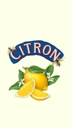 an orange with leaves and two lemons next to the word citron on it