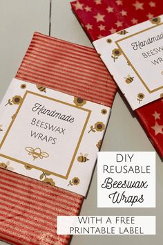 homemade beeswax wraps with free printable label on red and white background