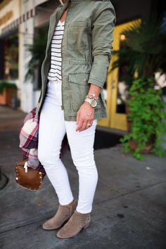 White Jeans | Military Jacket & Stripes Jeans Heels Outfit, Jeans Outfit Women, Heels Outfits, Cargo Jacket