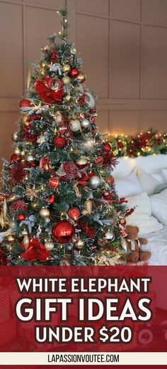 a white elephant christmas tree with red and gold ornaments on it, under $ 20